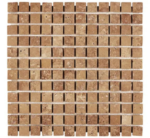 Noce Travertine 1×1 tumbled mosaic with rustic brown texture and softened edges.