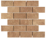 Noce Travertine 2x4 Mosaic Tile – Honed/filled finish, earthy brown tones, perfect for walls, backsplashes, and modern interiors.