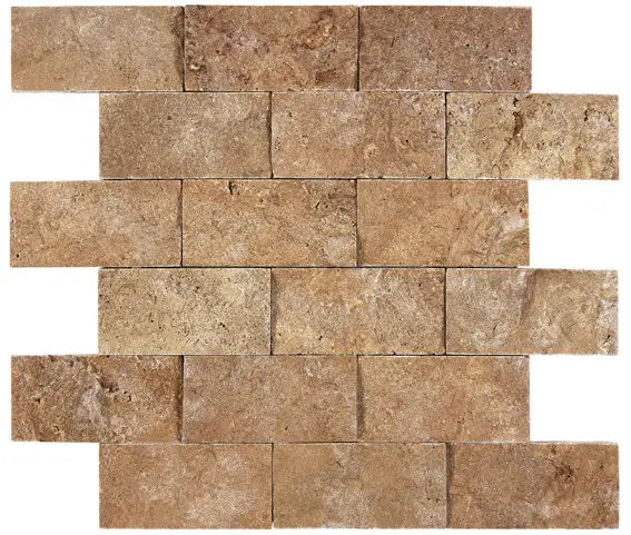 Noce Travertine 2x4 Mosaic Tile – Split-face finish, bold brown tones, great for textured walls and outdoor spaces.