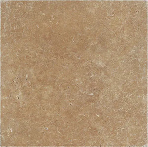 Noce Travertine 6×6 tumbled tile with earthy brown natural-stone movement.