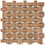 Noce Travertine Basketweave Mosaic – Tumbled finish, earthy brown tones, classic basketweave pattern, ideal for walls, floors, and backsplashes.