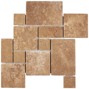 Noce Travertine Mini Versailles Mosaic – Tumbled finish, interlocking pattern, earthy brown tones, ideal for walls and seamless floors.