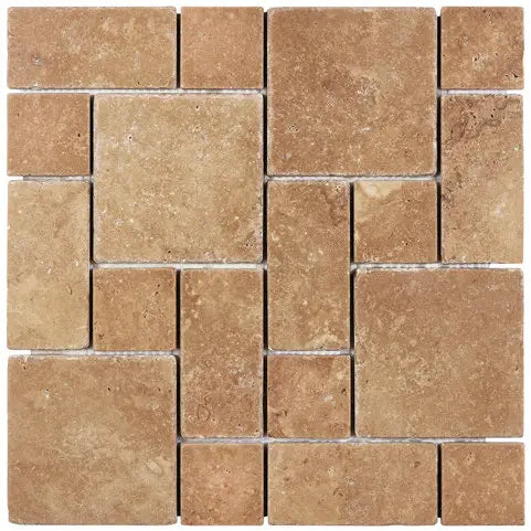 Noce Travertine Mini Versailles Mosaic – Tumbled finish, non-interlocking, warm brown hues, perfect for custom layouts and outdoor spaces.