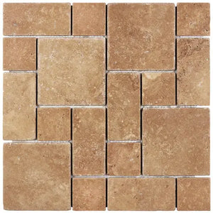 Noce Travertine Mini Versailles Mosaic – Tumbled finish, non-interlocking, warm brown hues, perfect for custom layouts and outdoor spaces.