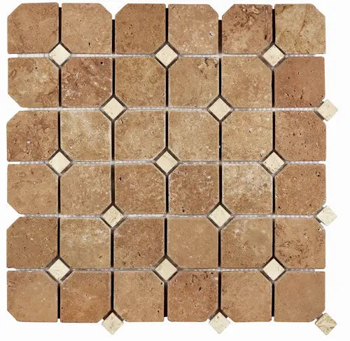 Noce Travertine tumbled octagon mosaic with contrasting light stone dots.