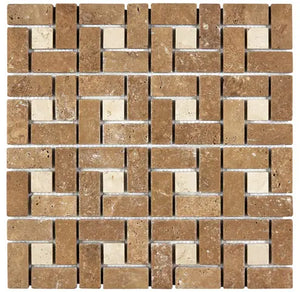 Noce Travertine Pinwheel Mosaic – Large, tumbled finish, earthy brown tones, ideal for spacious walls, floors, and outdoor areas.