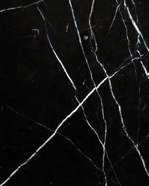 Nero Marquina 12x12 polished black marble tile with white veining.