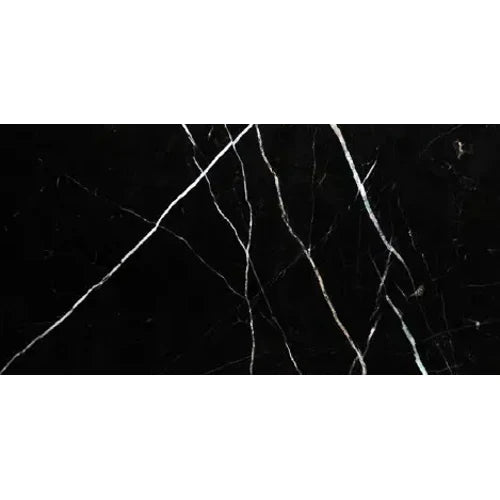 Nero Marquina marble honed 12×24 micro-beveled tile.