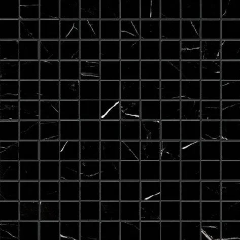 Nero Marquina 1x1 polished black marble mosaic tile with white veining for backsplashes and floors.