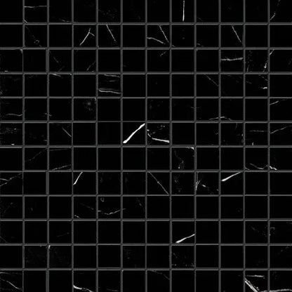 Nero Marquina 1x1 polished black marble mosaic tile with white veining for backsplashes and floors.