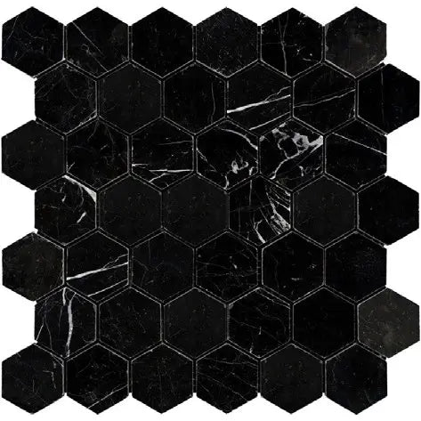 Nero Marquina honed 2-inch hexagonal black marble mosaic tile with white veining for shower walls and floors.