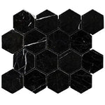 Nero Marquina 3-inch polished black marble hexagonal mosaic tile for backsplashes and floors.