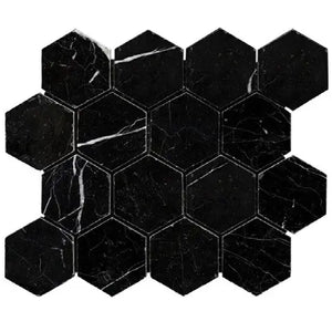 Nero Marquina 3-inch polished black marble hexagonal mosaic tile for backsplashes and floors.