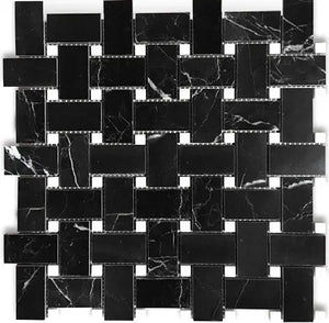 Nero Marquina marble basketweave mosaic with white dots polished finish for backsplashes and floors.