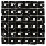 Nero Marquina marble pinwheel mosaic tile with white dots in a polished or honed finish, ideal for kitchen backsplashes