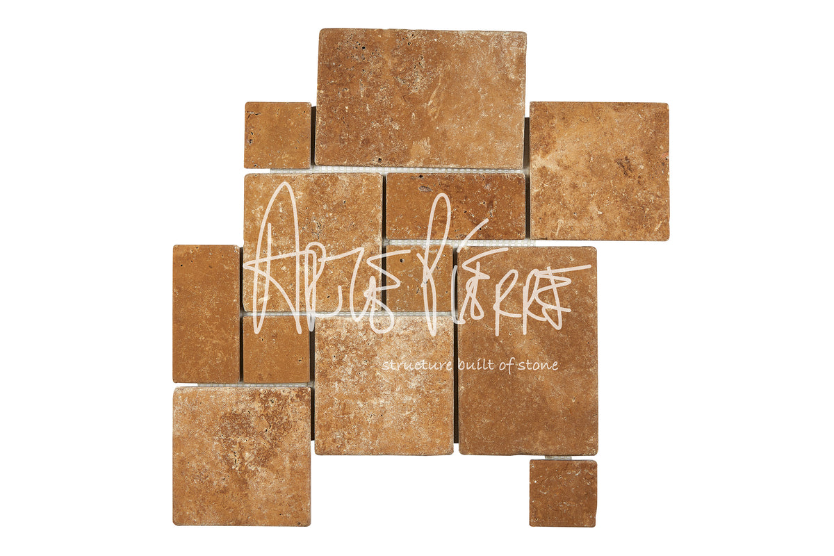 Noce Travertine interlocking mini Versailles pattern mosaic sheet in a tumbled finish.