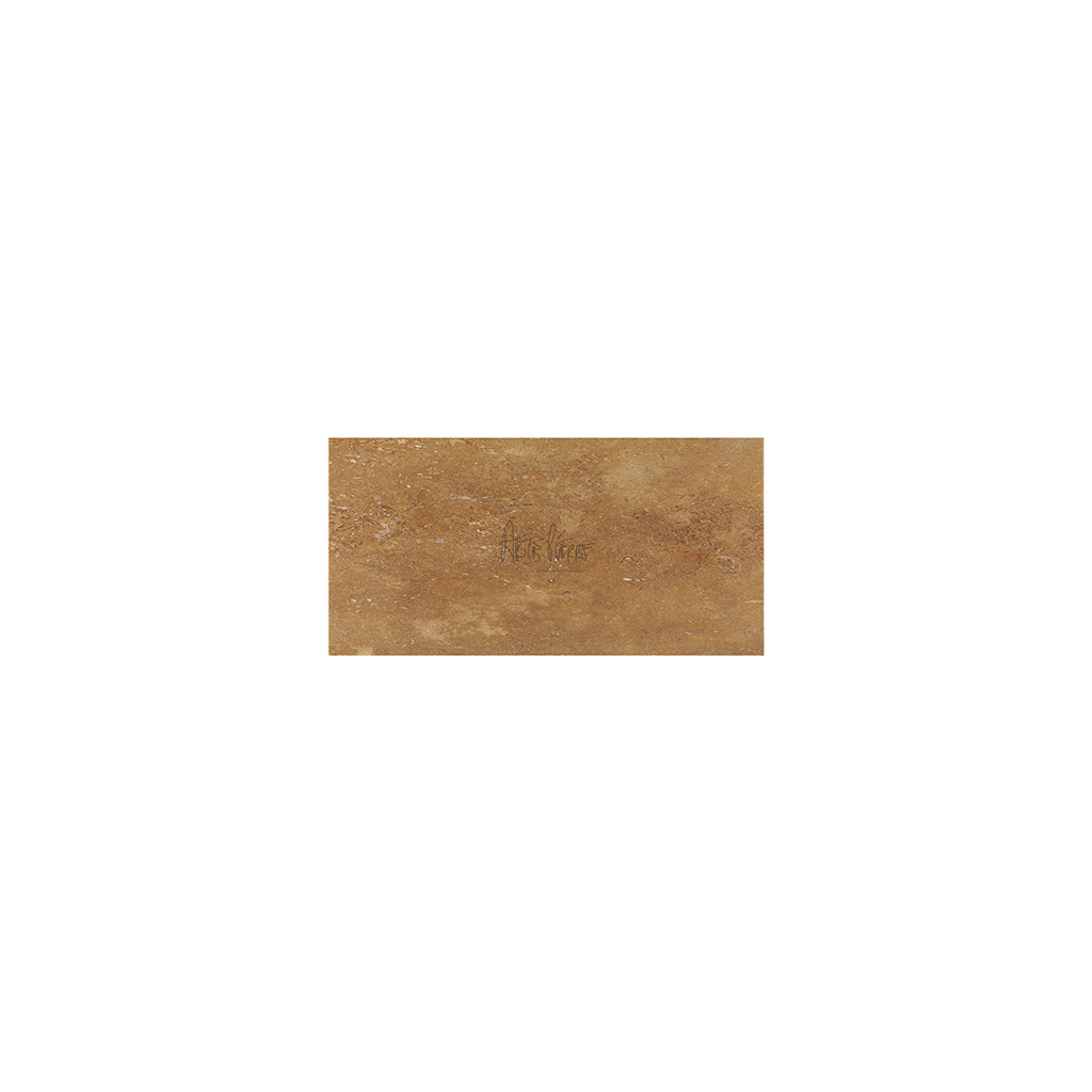 Noce Travertine 3×6 subway tiles in a tumbled finish, warm walnut and mocha brown.