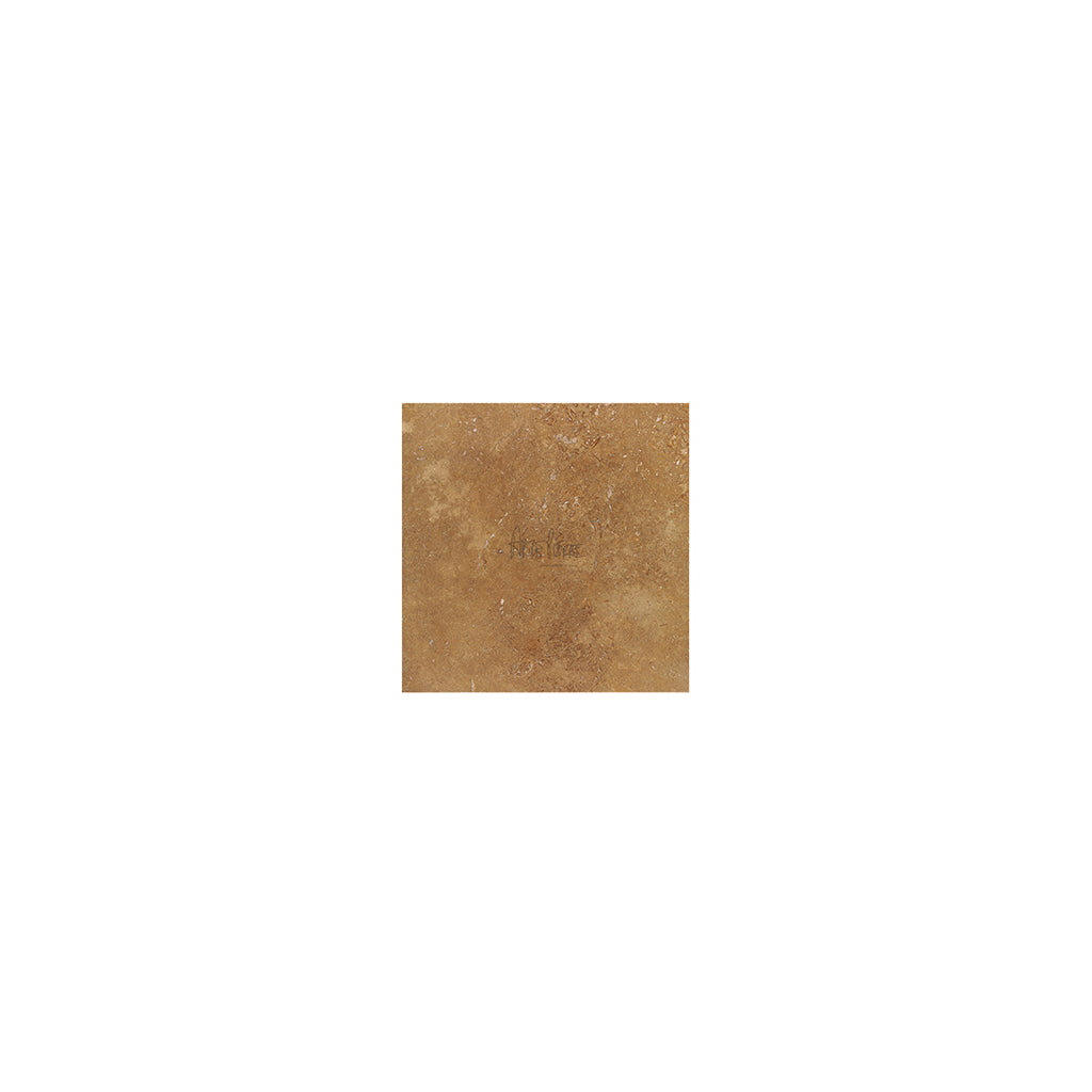 Noce Travertine 4×4 tiles in a tumbled finish, warm walnut and mocha brown.