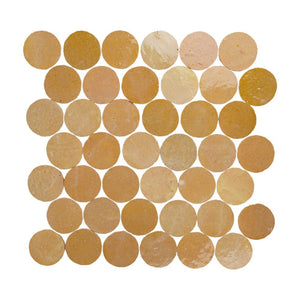 Pattern of circular zellige mosaic tiles in various shades of brown-amber on a white background