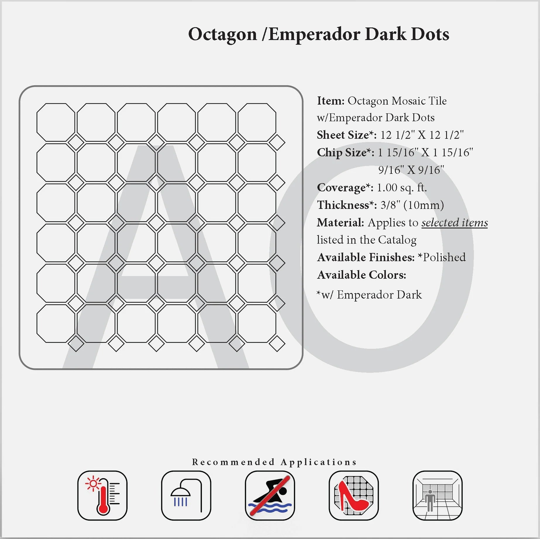 Octagon Mosaic Tile with Black Dots, featuring a sheet size of 12 1/2” x 12 1/2” and individual chip sizes of 1 15/16” x 1 15/16” and 9/16” x 9/16”. Provides 1.00 sq. ft. coverage per sheet with a thickness of 3/8” (10mm). Available in polished and honed finishes, suitable for walls and dry area decorative applications