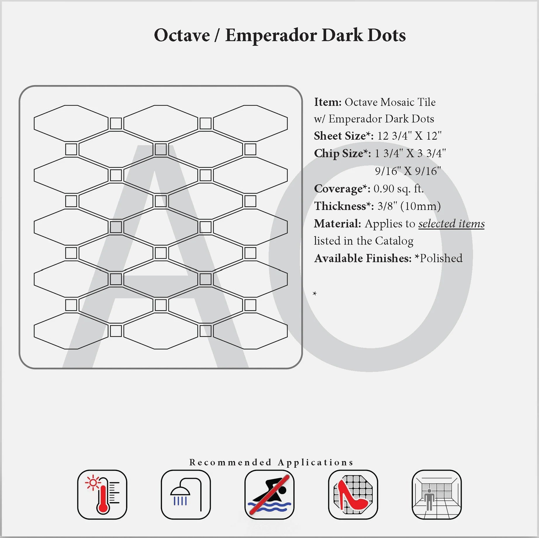 Octave Mosaic Tile featuring a sheet size of 12 3/4” x 12” and chip sizes of 1 3/4” x 3 3/4” and 9/16” x 9/16”. Provides 0.90 sq. ft. coverage per sheet with a thickness of 3/8” (10mm). Available in polished finish, ideal for walls and dry area decorative applications