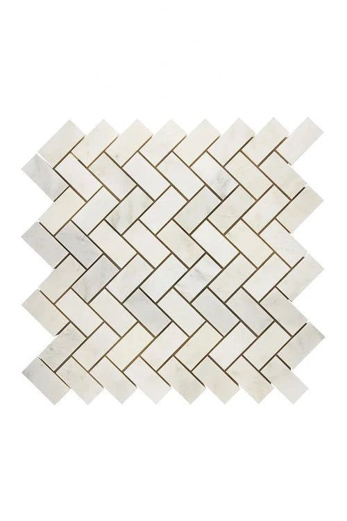 Oriental White Marble 1x2 Herringbone Mosaic, polished and honed finish, classic white tones with gray veining.