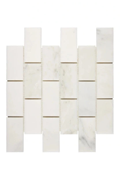 Oriental White Marble 2x4 Brick Mosaic, polished and honed finish, with subtle gray veining for an elegant look.