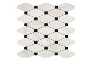 oriental white or calacatta bella marble elongated hexagon mosaic tile with black marble dots commercial and residential interior and exterior shower backsplash countertop deck patio wall floor decorative