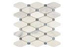 oriental white or calacatta bella marble elongated hexagon mosaic tile with blue marble dots commercial and residential interior and exterior shower backsplash countertop deck patio wall floor decorative