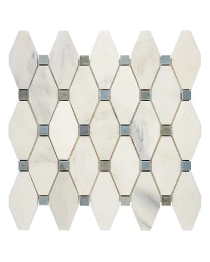 oriental white or calacatta bella marble elongated hexagon mosaic tile with blue marble dots commercial and residential interior and exterior shower backsplash countertop deck patio wall floor decorative