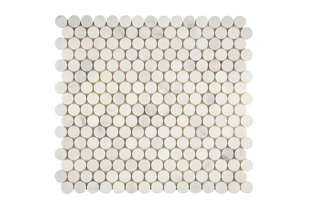 oriental white or calacatta bella marble penny round mosaic tile commercial and residential interior and exterior shower backsplash countertop deck patio wall floor decorative