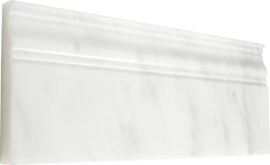Oriental White marble 4¾×12 baseboard used for the honed variant; verify the photographed finish.