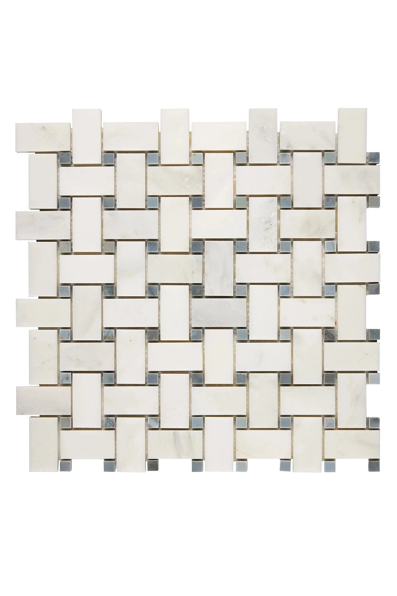 Oriental White basketweave mosaic with blue-gray dots in polished or honed finish.