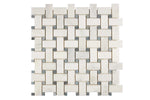 basketweave mosaic tile with bardiglio blue dots