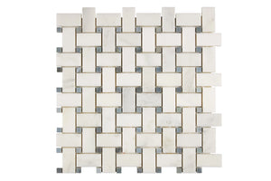 basketweave mosaic tile with bardiglio blue dots