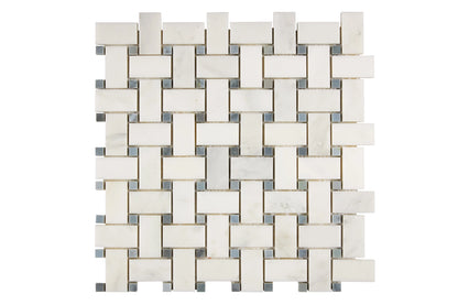 basketweave mosaic tile with bardiglio blue dots