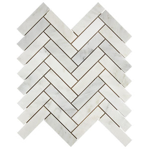 Oriental White polished 1×4 herringbone marble mosaic.