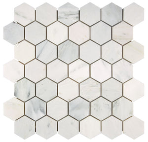 Oriental White polished 2-inch hexagon marble mosaic.