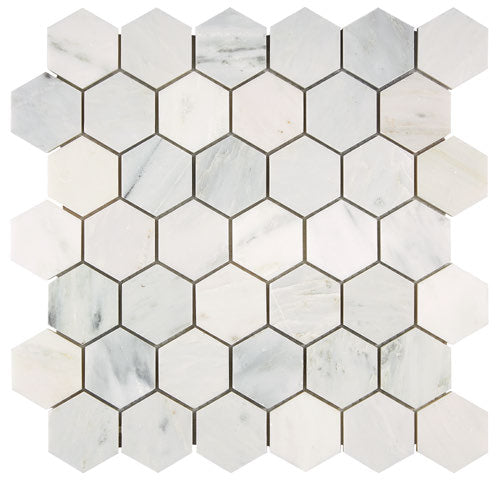 Oriental White polished 2-inch hexagon marble mosaic.