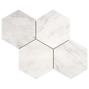 Oriental White polished 6-inch hexagon marble mosaic.
