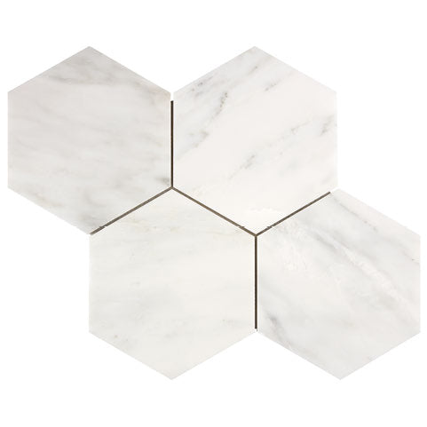 Oriental White polished 6-inch hexagon marble mosaic.