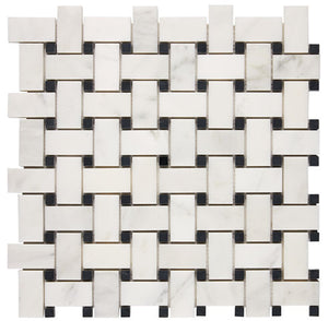 Oriental White polished basketweave mosaic with black dots.