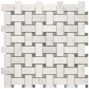 Oriental White polished basketweave mosaic with blue-gray dots.