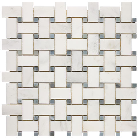 Oriental White polished basketweave mosaic with blue-gray dots.