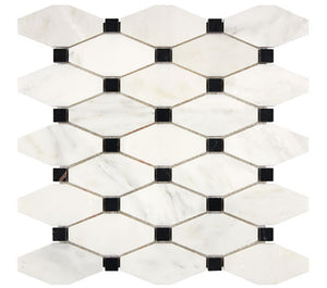 Oriental White polished elongated hexagon mosaic with black dots.