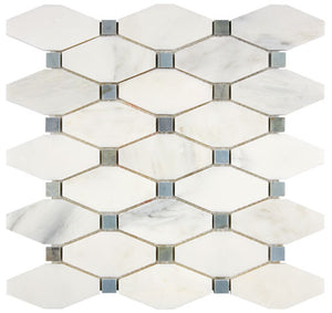 Oriental White polished elongated hexagon mosaic with blue-gray dots.