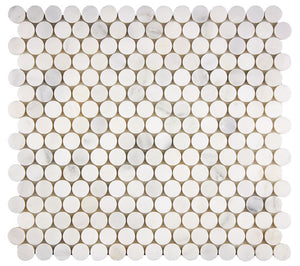 Oriental White polished penny round marble mosaic.