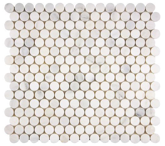 Oriental White polished penny round marble mosaic.