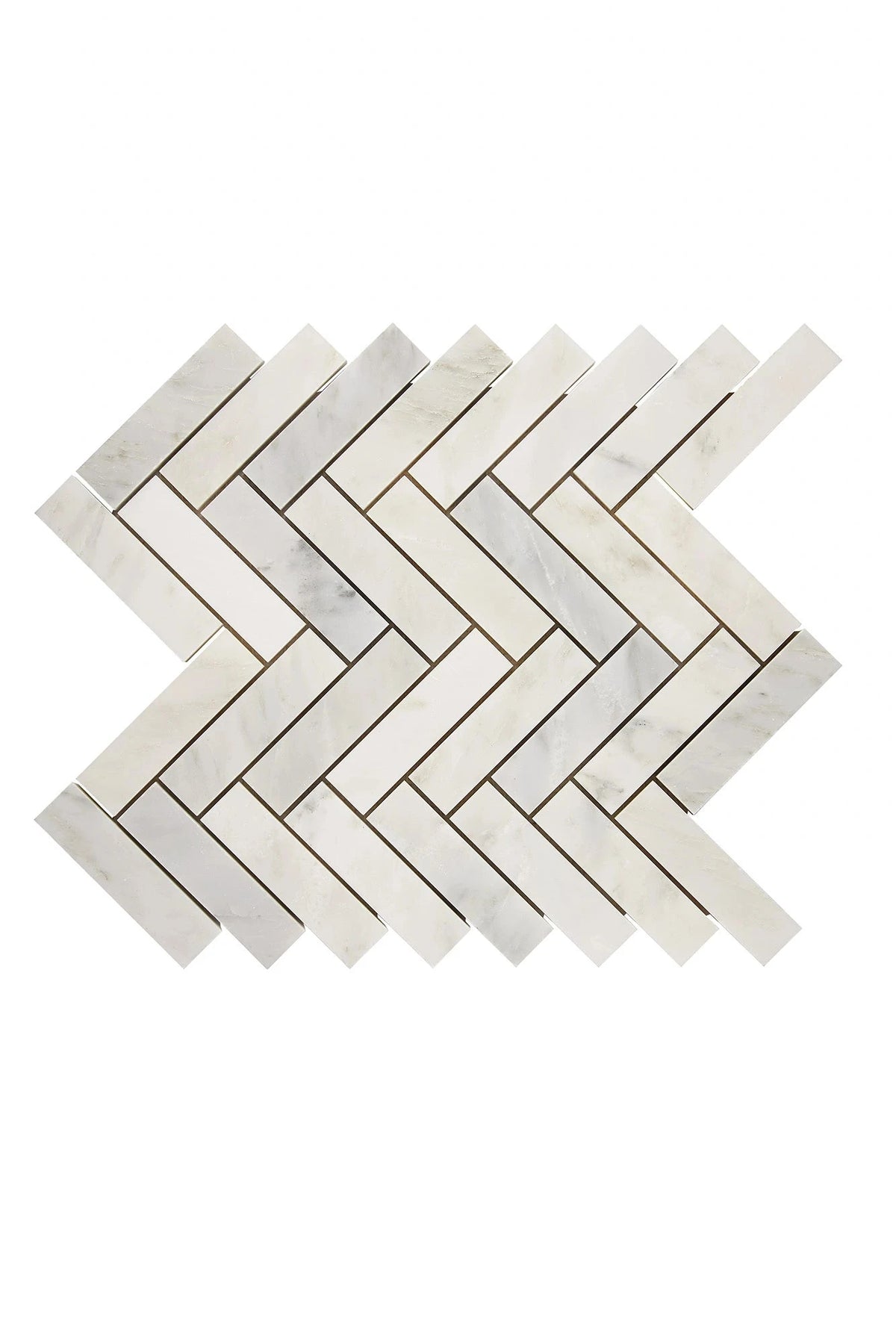 Oriental White 1×4 herringbone marble mosaic in polished or honed finish.