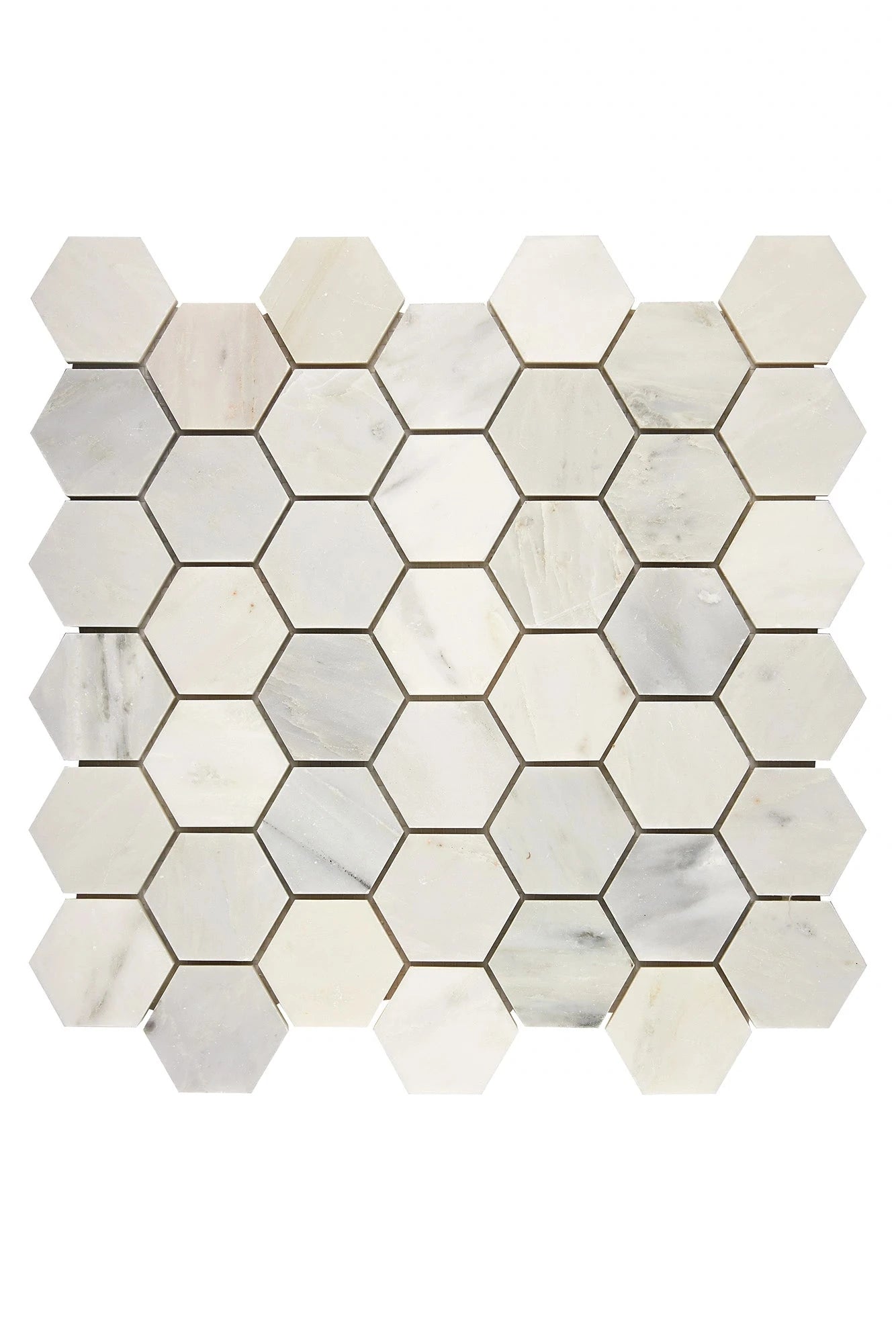 Oriental White 2-inch hexagon marble mosaic in polished or honed finish.